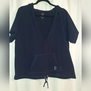 New York & Company Hooded Cropped Blingy top drawstring and deep plunge v-neck